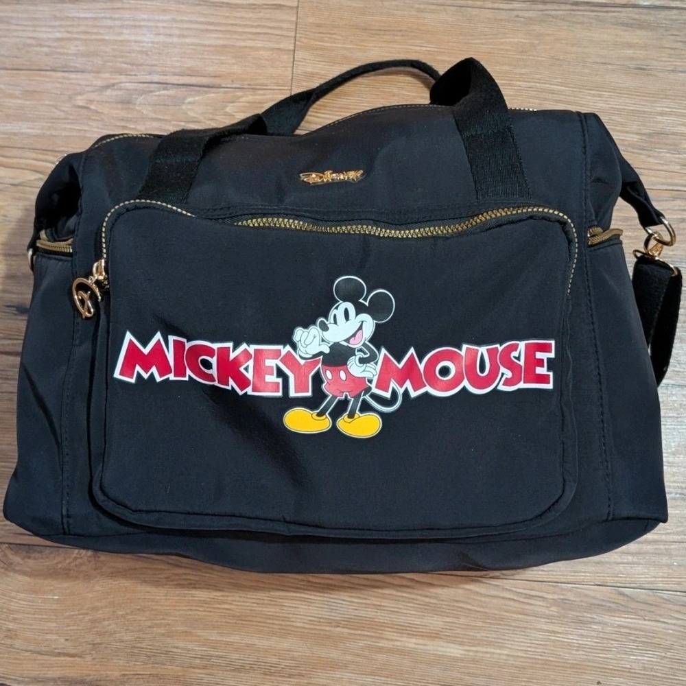 Disney Mickey Mouse Black Nylon Duffel Bag Travel Gym Weekend Tote Gold Hardware